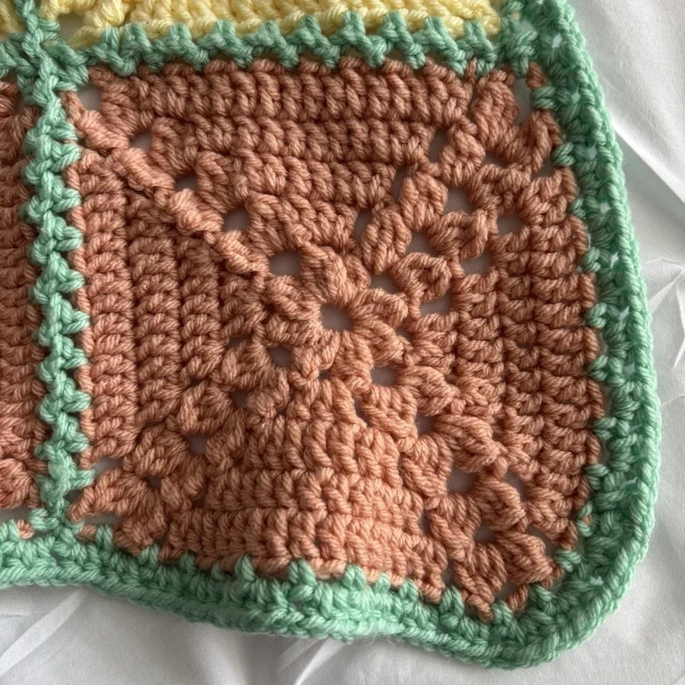 Vintage Afghan Blanket Knit Handmade Crochet Baby Throw Mint Salmon Yellow 34x40